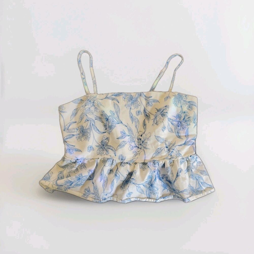 Women Small Peplum Skirt Blouse Strappy Top White Blue Floral Porcelain Print